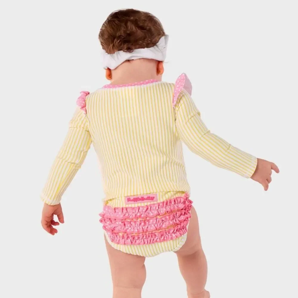 RuffleButts Baby Girls' Seersucker Long Sleeve 2pc Rash Guard Set - Yellow 18M